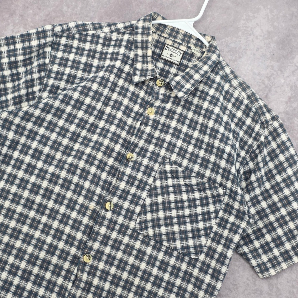 Vintage Bugle Boy Button Front Shirt Mens L Geometric Print 90s Short Sleeve